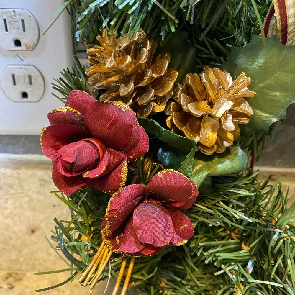 Festive Green Holiday Wreath‎ with Red and Gold  accents Christmas 16”